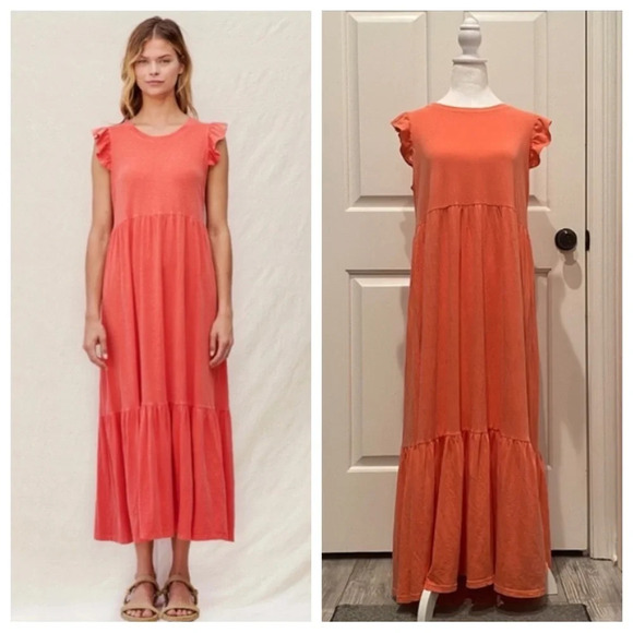 Sundry Tiered Ruffle Sleeve Dress Pigment Cherry 16354 - Picture 1 of 11